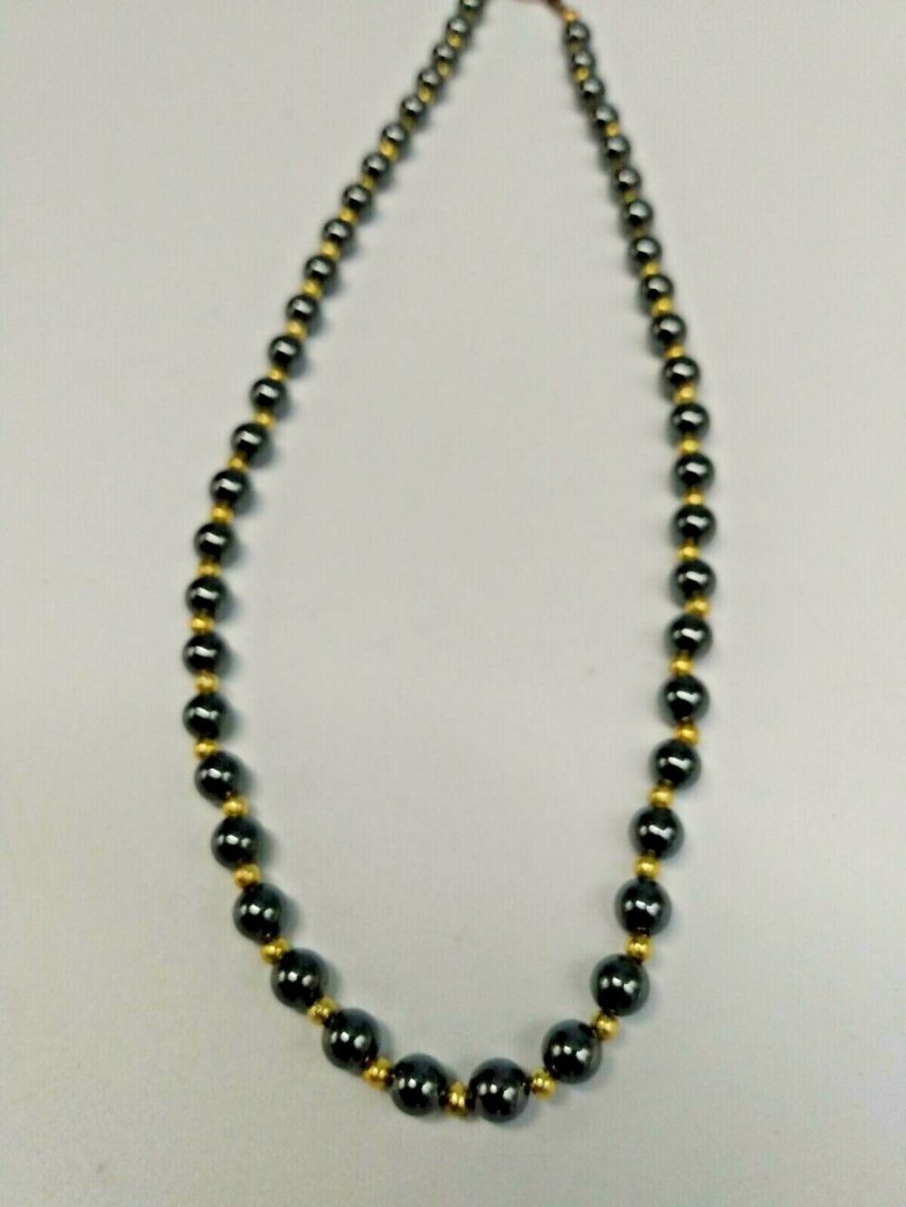 Choker, Grey Hematite And Gold Tone Metal Bead Modern Vintage Necklace, 16"